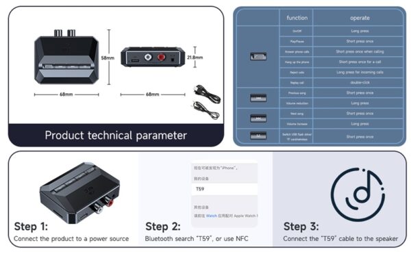 Bluetooth адаптер за аудио приемник T59, Bluetooth 5.3, RCA, TF карта, USB, AUX, NFC - Image 18