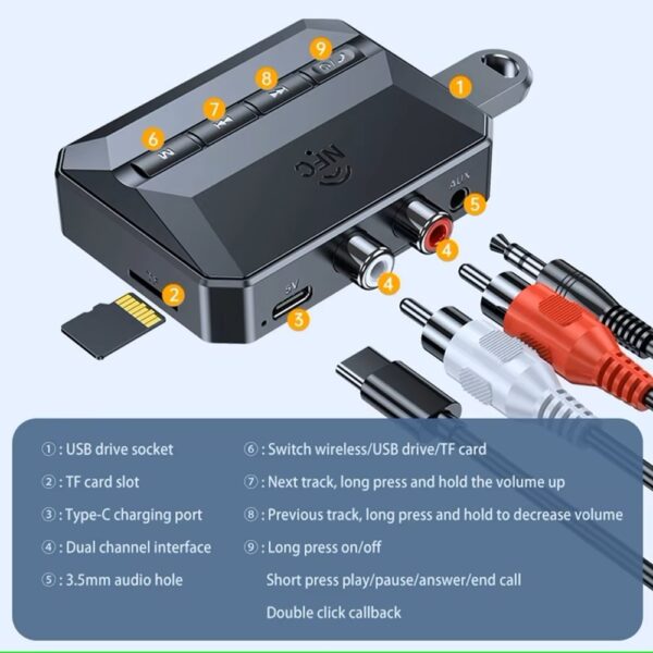 Bluetooth адаптер за аудио приемник T59, Bluetooth 5.3, RCA, TF карта, USB, AUX, NFC - Image 11