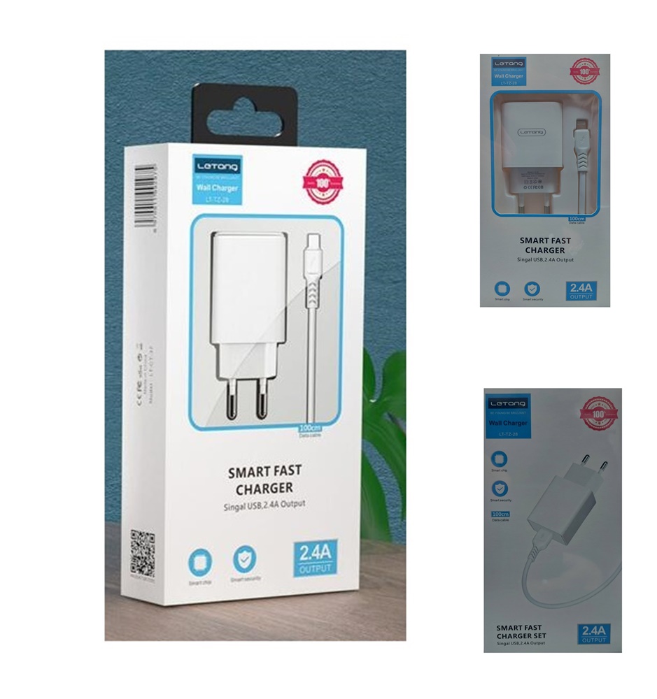 Комплект зарядно устройство 1Tech за iPhone Letang LT-TZ-28, 2.4A с Lightning кабел 1.0м, Бял